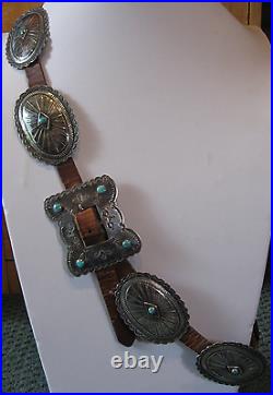Great Vintage Navajo Indian Leather Belt With Silver Conchos & Turquoise Buckle