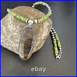 Green Turquoise Jasper Pendant Navajo Pearls Sterling Silver Necklace 17053