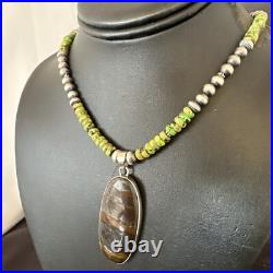 Green Turquoise Jasper Pendant Navajo Pearls Sterling Silver Necklace 17053