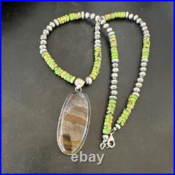 Green Turquoise Jasper Pendant Navajo Pearls Sterling Silver Necklace 17053