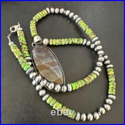 Green Turquoise Jasper Pendant Navajo Pearls Sterling Silver Necklace 17053