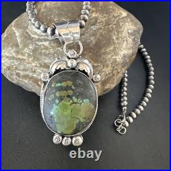 Green Turquoise Pendant Navajo Pearls Sterling Silver Necklace 15039