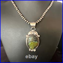Green Turquoise Pendant Navajo Pearls Sterling Silver Necklace 15039