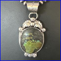 Green Turquoise Pendant Navajo Pearls Sterling Silver Necklace 15039