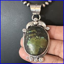 Green Turquoise Pendant Navajo Pearls Sterling Silver Necklace 15039