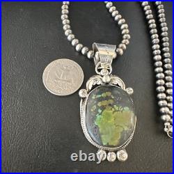 Green Turquoise Pendant Navajo Pearls Sterling Silver Necklace 15039
