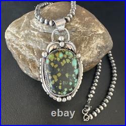 Green Turquoise Pendant Navajo Pearls Sterling Silver Necklace 15041