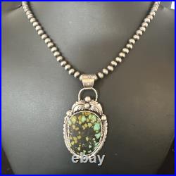 Green Turquoise Pendant Navajo Pearls Sterling Silver Necklace 15041