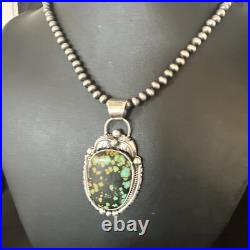 Green Turquoise Pendant Navajo Pearls Sterling Silver Necklace 15041