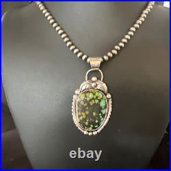 Green Turquoise Pendant Navajo Pearls Sterling Silver Necklace 15041