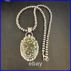 Green Turquoise Pendant Navajo Pearls Sterling Silver Necklace 15041