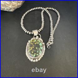 Green Turquoise Pendant Navajo Pearls Sterling Silver Necklace 15041