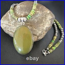 Green Turquoise Pendant Navajo Pearls Sterling Silver Necklace 16918