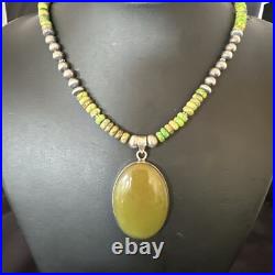 Green Turquoise Pendant Navajo Pearls Sterling Silver Necklace 16918