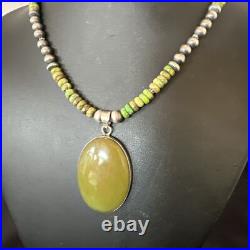 Green Turquoise Pendant Navajo Pearls Sterling Silver Necklace 16918