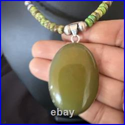Green Turquoise Pendant Navajo Pearls Sterling Silver Necklace 16918