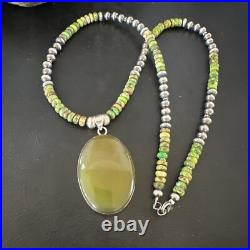 Green Turquoise Pendant Navajo Pearls Sterling Silver Necklace 16918
