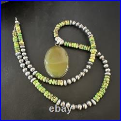 Green Turquoise Pendant Navajo Pearls Sterling Silver Necklace 16918