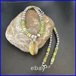 Green Turquoise Pendant Navajo Pearls Sterling Silver Necklace 16920