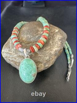Green Turquoise Pendant Spiny Navajo Sterling Silver Heishi Necklace 21 19204