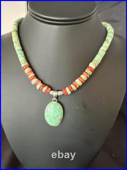 Green Turquoise Pendant Spiny Navajo Sterling Silver Heishi Necklace 21 19204