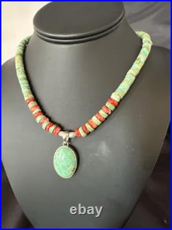 Green Turquoise Pendant Spiny Navajo Sterling Silver Heishi Necklace 21 19204