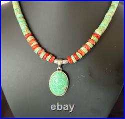 Green Turquoise Pendant Spiny Navajo Sterling Silver Heishi Necklace 21 19204