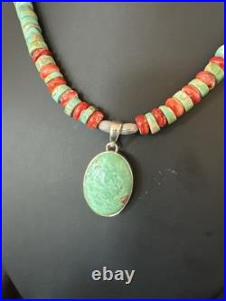Green Turquoise Pendant Spiny Navajo Sterling Silver Heishi Necklace 21 19204