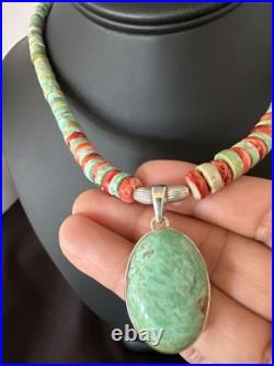 Green Turquoise Pendant Spiny Navajo Sterling Silver Heishi Necklace 21 19204