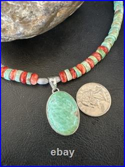 Green Turquoise Pendant Spiny Navajo Sterling Silver Heishi Necklace 21 19204