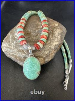 Green Turquoise Pendant Spiny Navajo Sterling Silver Heishi Necklace 21 19204