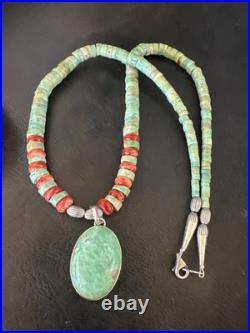 Green Turquoise Pendant Spiny Navajo Sterling Silver Heishi Necklace 21 19204