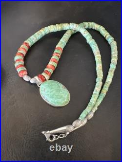 Green Turquoise Pendant Spiny Navajo Sterling Silver Heishi Necklace 21 19204