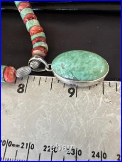 Green Turquoise Pendant Spiny Navajo Sterling Silver Heishi Necklace 21 19204