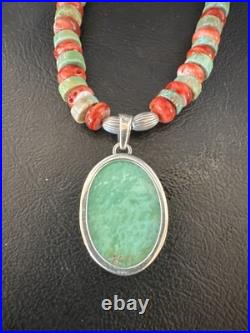 Green Turquoise Pendant Spiny Navajo Sterling Silver Heishi Necklace 21 19204