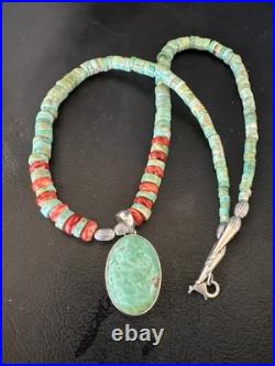 Green Turquoise Pendant Spiny Navajo Sterling Silver Heishi Necklace 21 19204