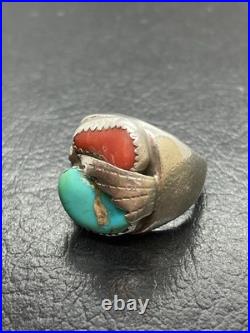 HEAVY Vintage Native American Sterling Silver Turquoise Coral Mens Ring Size 7.5
