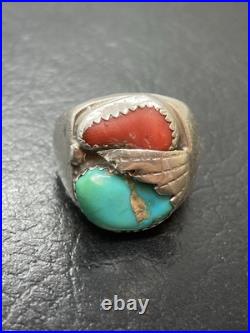 HEAVY Vintage Native American Sterling Silver Turquoise Coral Mens Ring Size 7.5