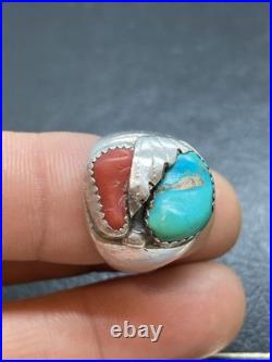 HEAVY Vintage Native American Sterling Silver Turquoise Coral Mens Ring Size 7.5