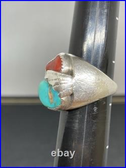 HEAVY Vintage Native American Sterling Silver Turquoise Coral Mens Ring Size 7.5 HEAVY Vintage Native American Sterling Silver Turquoise Coral Mens Ring Size 7.5
