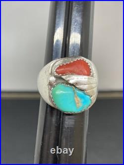 HEAVY Vintage Native American Sterling Silver Turquoise Coral Mens Ring Size 7.5