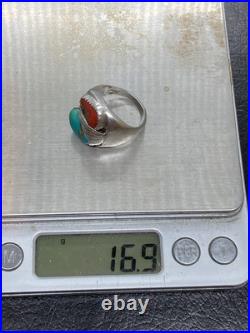HEAVY Vintage Native American Sterling Silver Turquoise Coral Mens Ring Size 7.5