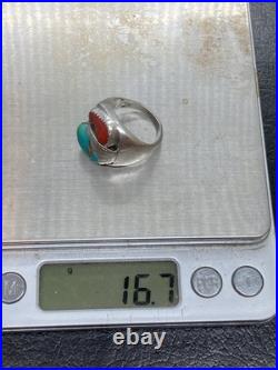 HEAVY Vintage Native American Sterling Silver Turquoise Coral Mens Ring Size 7.5 HEAVY Vintage Native American Sterling Silver Turquoise Coral Mens Ring Size 7.5