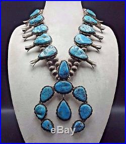 HUGE 456g Vintage NAVAJO Sterling Silver & Turquoise SQUASH BLOSSOM Necklace