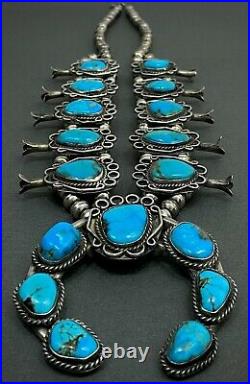 HUGE Authentic Vintage Navajo Sterling Silver Turquoise Squash Blossom Necklace