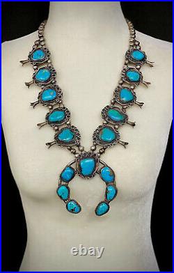 HUGE Authentic Vintage Navajo Sterling Silver Turquoise Squash Blossom Necklace