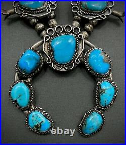 HUGE Authentic Vintage Navajo Sterling Silver Turquoise Squash Blossom Necklace