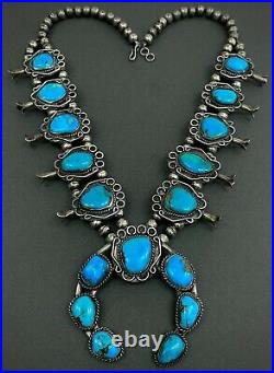 HUGE Authentic Vintage Navajo Sterling Silver Turquoise Squash Blossom Necklace