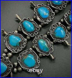 HUGE Authentic Vintage Navajo Sterling Silver Turquoise Squash Blossom Necklace