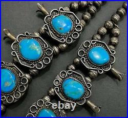 HUGE Authentic Vintage Navajo Sterling Silver Turquoise Squash Blossom Necklace